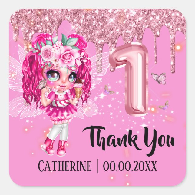 Pink glitter fairy girl cute anime thank you 1st square sticker (Front)