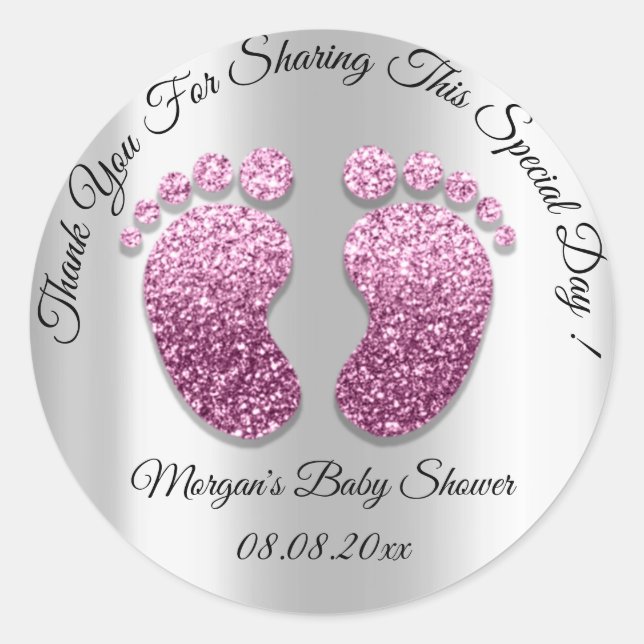 Pink Glitter Feet Baby Shower Favour Thank Silver Classic Round Sticker (Front)