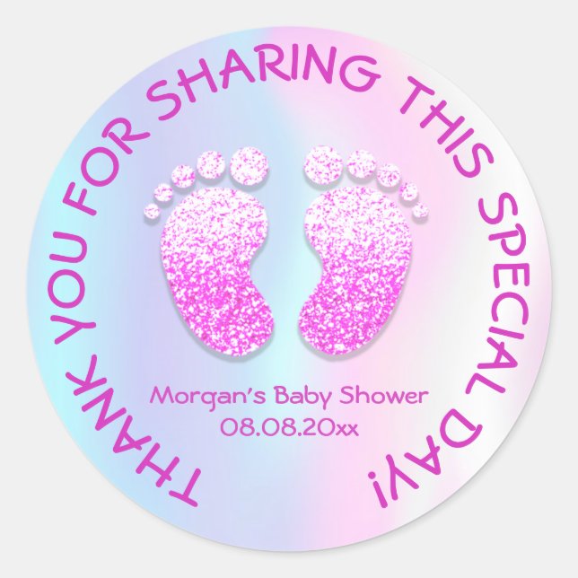 Pink Glitter Feet Baby Shower Iridescent Thank Classic Round Sticker (Front)