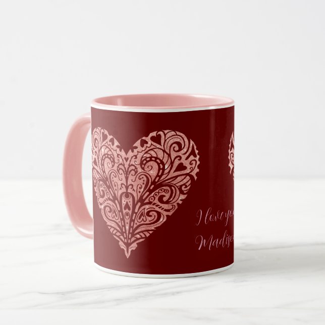 Pink Glitter Filigree Folk Art Valentine Mug (Front Left)