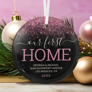 Pink Glitter First Home Personalised Christmas Glass Tree Decoration