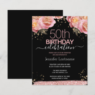 Pink Glitter Floral 50th Birthday Invitations