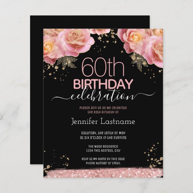 Pink Glitter Floral 60th Birthday Invitations (Front/Back)