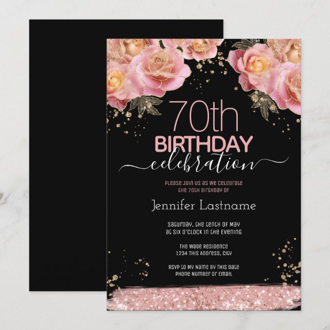 Pink Glitter Floral 70th Birthday Invitations (Front/Back)