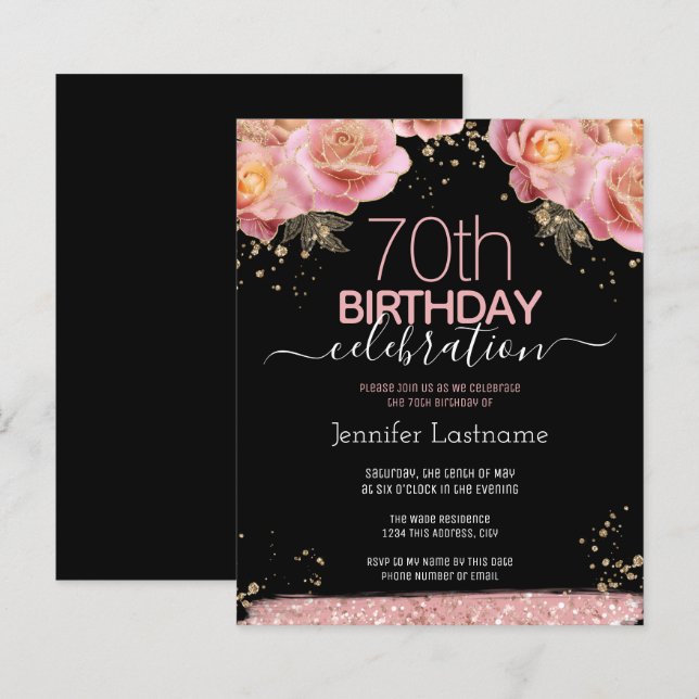 Pink Glitter Floral 70th Birthday Invitations (Front/Back)