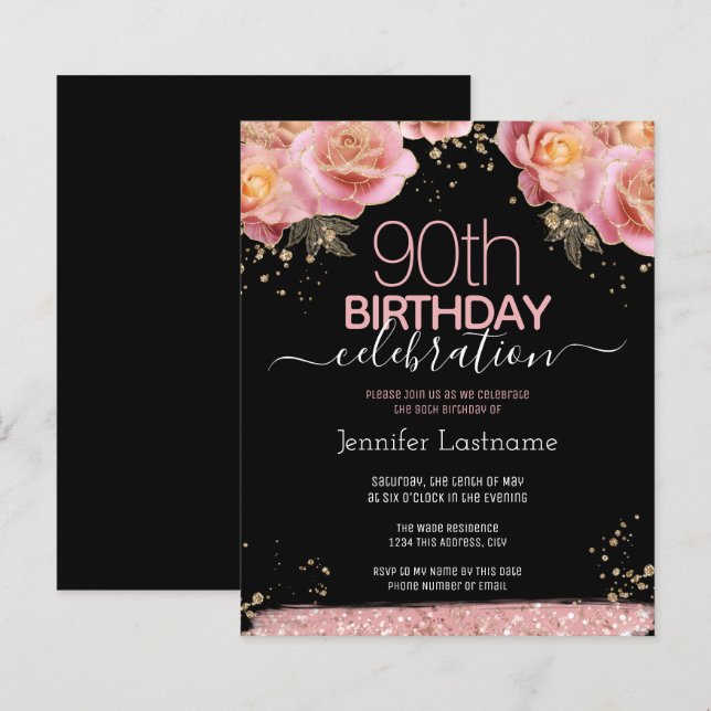 Pink Glitter Floral 90th Birthday Invitations (Front/Back)