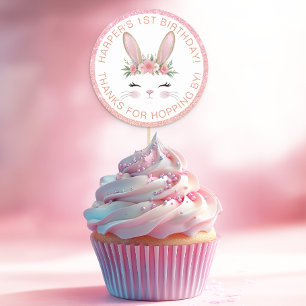 Pink Glitter Floral Bunny 1st Birthday Party Favou Classic Round Sticker