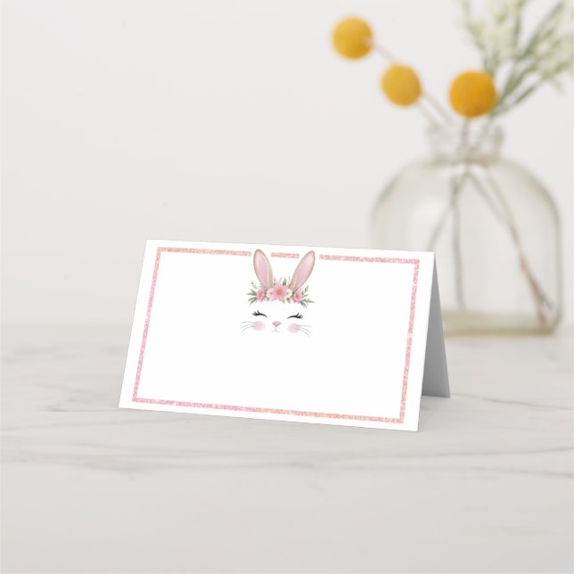 Pink Glitter Floral Bunny Birthday Place Cards (Front)