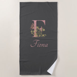 Pink Glitter Floral Letter F   Beach Towel