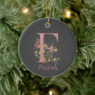 Pink Glitter Floral Letter F   Ceramic Tree Decoration