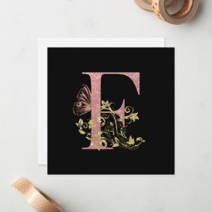 Pink Glitter Floral Letter F  Flat Square Card