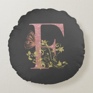 Pink Glitter Floral Letter F  Round Cushion