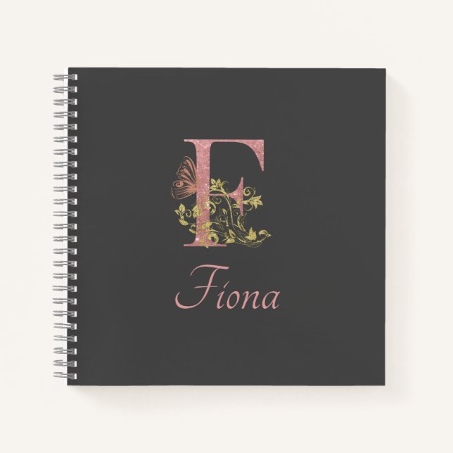 Pink Glitter Floral Letter F Sketch Notebook (Front)