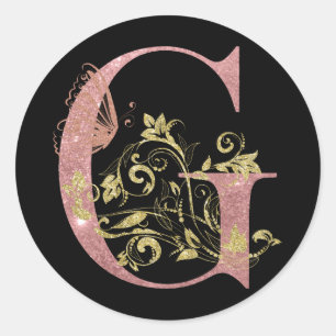 Pink Glitter Floral Letter G Classic Round Sticker