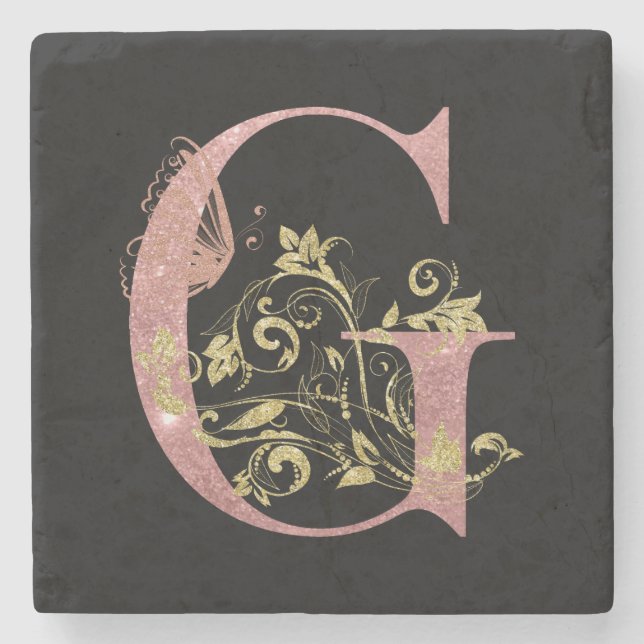 Pink Glitter Floral Letter G  Stone Coaster (Front)