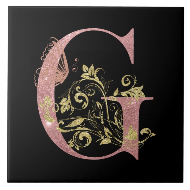 Pink Glitter Floral Letter G  Tile (Front)