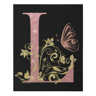 Pink Glitter Floral Letter L    Faux Canvas Print
