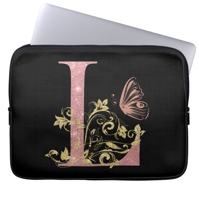 Pink Glitter Floral Letter L   Laptop Sleeve (Front)