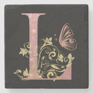 Pink Glitter Floral Letter L Stone Coaster