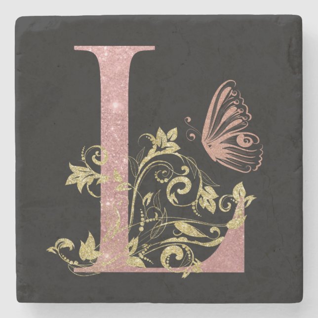 Pink Glitter Floral Letter L  Stone Coaster (Front)