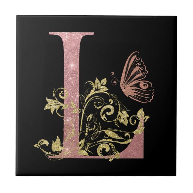 Pink Glitter Floral Letter L  Tile (Front)