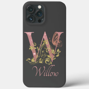 Pink Glitter Floral Letter W iPhone 13 Pro Max Case