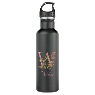 Pink Glitter Floral Letter W  Matte Black 710 Ml Water Bottle