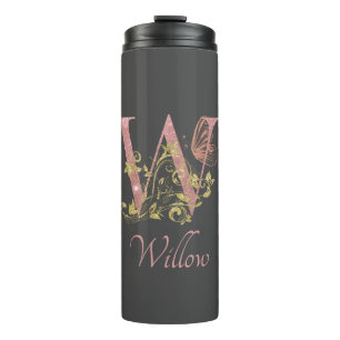 Pink Glitter Floral Letter W  Thermal Tumbler
