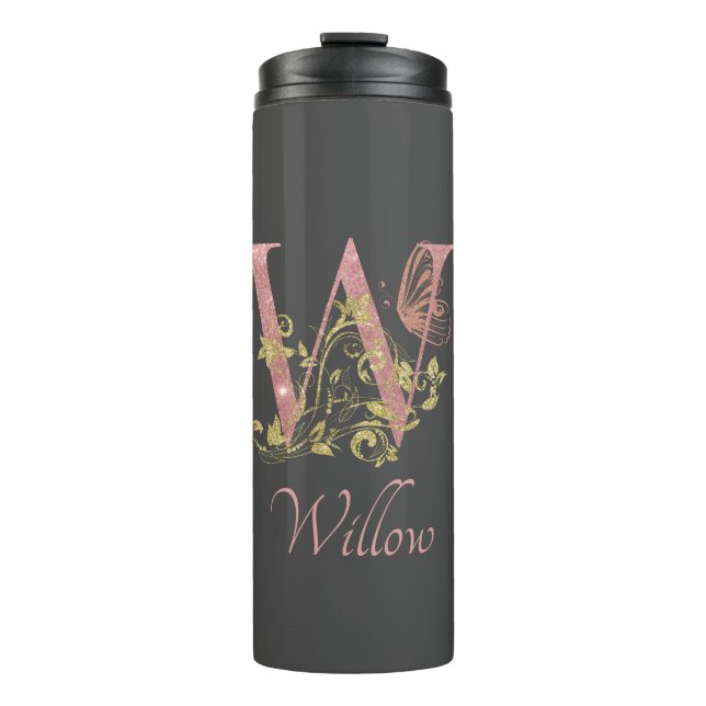 Pink Glitter Floral Letter W  Thermal Tumbler (Front)