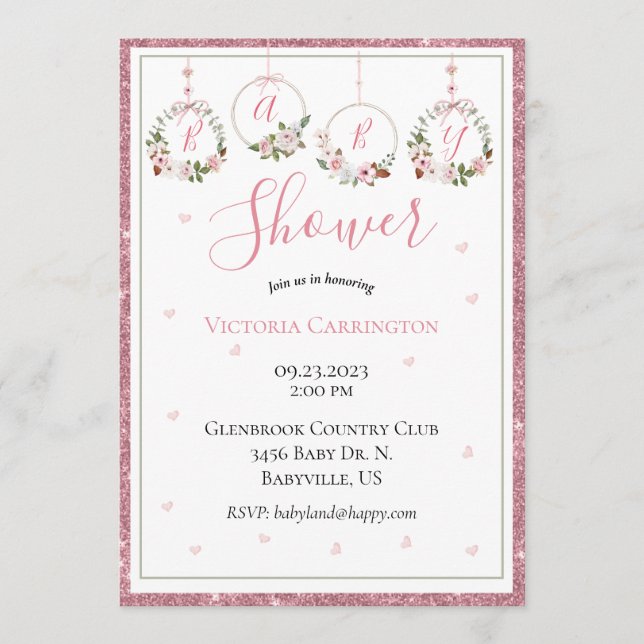 Pink Glitter Floral Watercolor Hearts Baby Shower Invitation (Front)