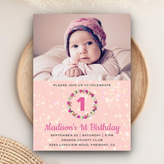 Pink Glitter Floral Wreath First Birthday Invite (Creator Uploaded)