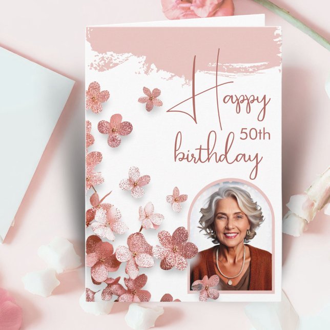Pink Glitter Flower Floral Photo 50th Birthday Card (Creator Uploaded)