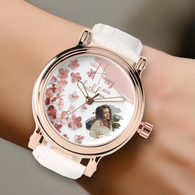 Pink Glitter Flowers Floral 40th Birthday Photo Watch (Creator Uploaded)