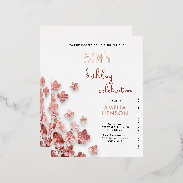  Pink Glitter Flowers Floral 50th Birthday Foil Invitation Postcard (Front/Back)