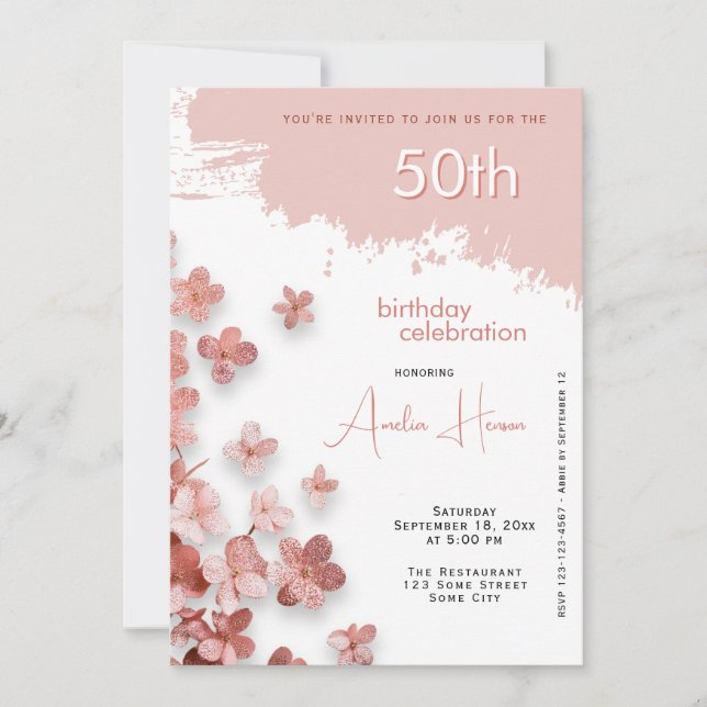  Pink Glitter Flowers Floral 50th Birthday Invitation (Front)