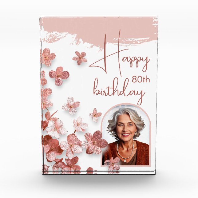 Pink Glitter Flowers Floral 80th Birthday Photo Block (Front)