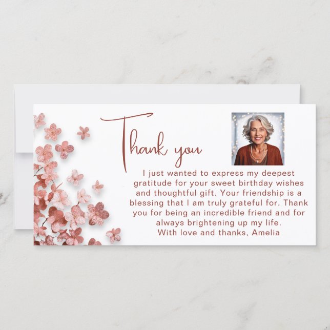 Pink Glitter Flowers Floral Birthday Photo Thank You Card (Front)
