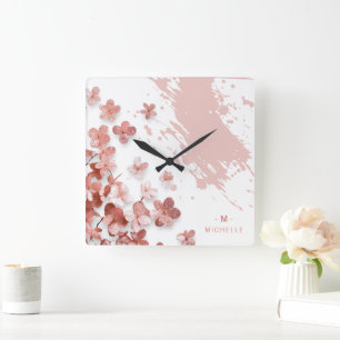 Pink Glitter Flowers Floral Brushstroke Monogram Square Wall Clock