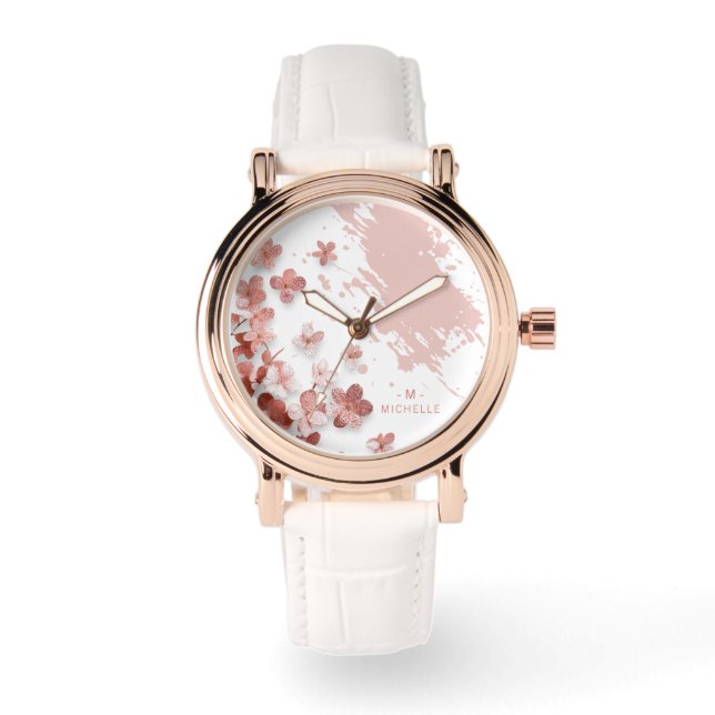 Pink Glitter Flowers Floral Brushstroke Monogram Watch (Front)