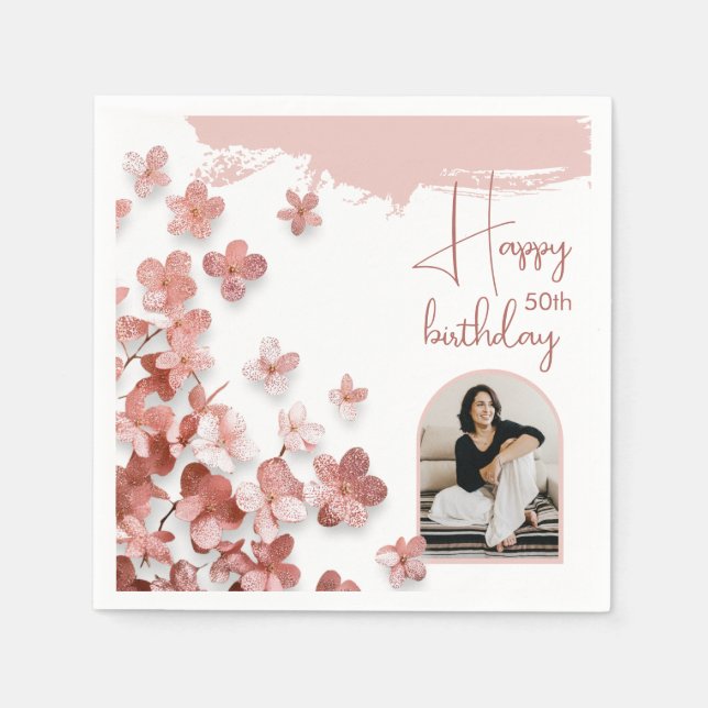 Pink Glitter Flowers Floral Photo 50th Birthday Napkin (Front)