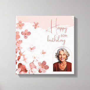 Pink Glitter Flowers Floral Photo 80th Birthday Canvas Print