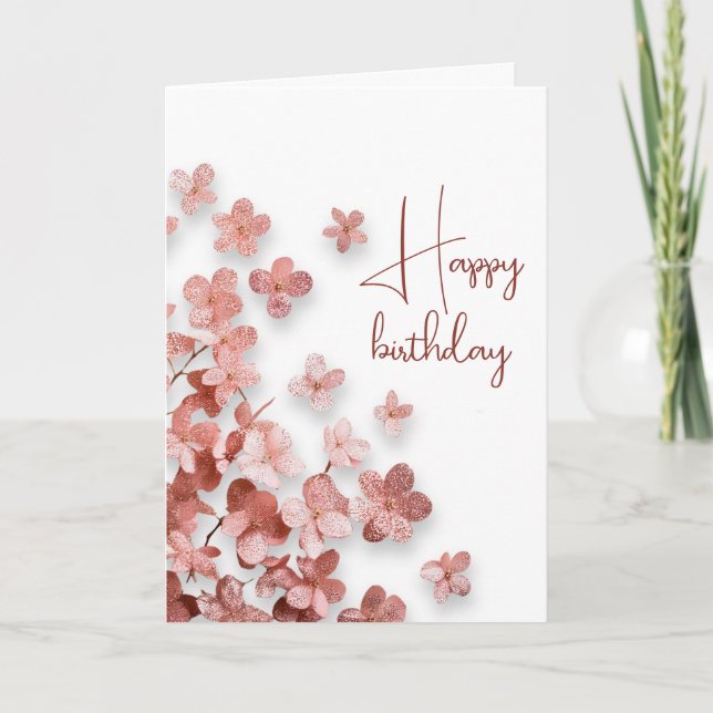 Pink Glitter Flowers Floral Woman Birthday Card (Front)