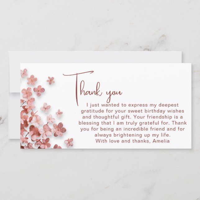 Pink Glitter Flowers Floral Woman Birthday Thank You Card (Front)