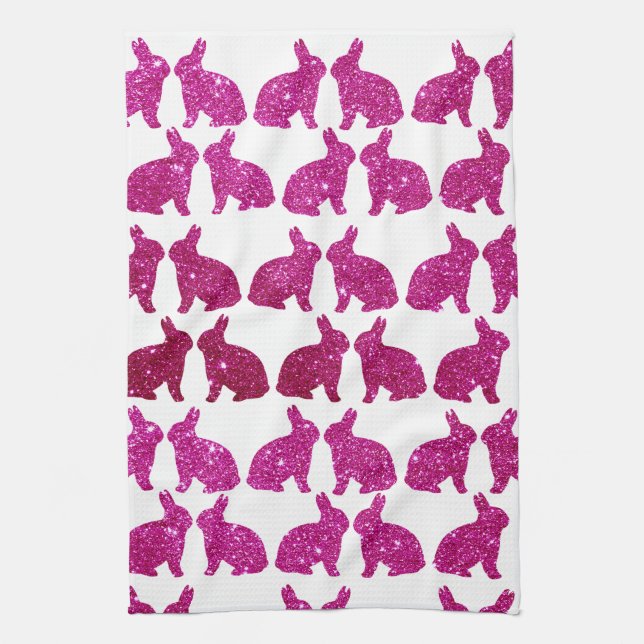 Pink Glitter Foil Bunny Easter Spring Tea Towel (Vertical)