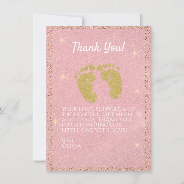 Pink Glitter Footprint Baby Girl Thank You Card (Front)