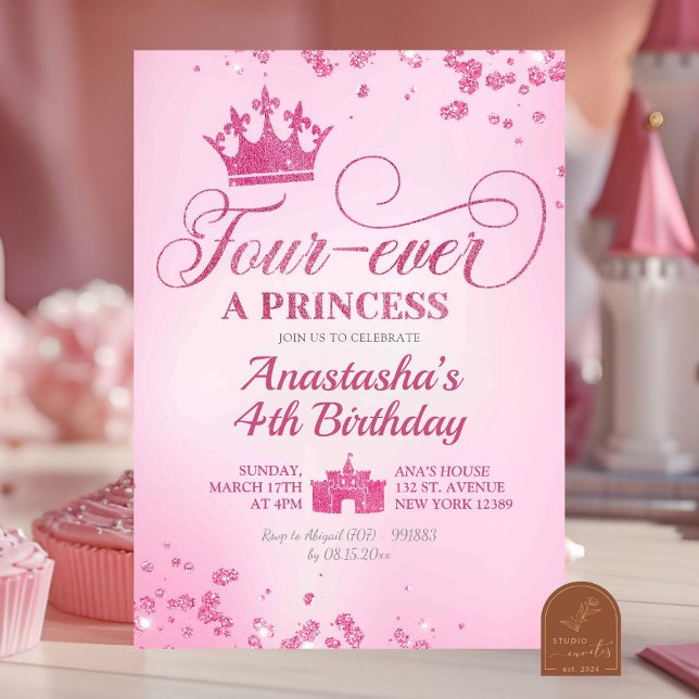 Pink Glitter Fourever a Princess Birthday Invitation (Creator Uploaded)