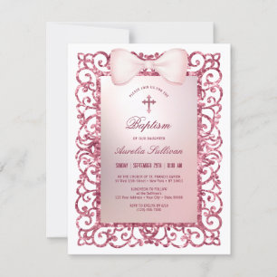 Pink Glitter Frame Bow Baptism Invitation