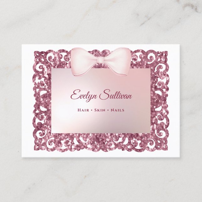 Pink glitter frame bow business card (Front)