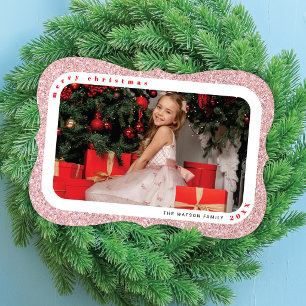 Pink Glitter Framed Photo Family Christmas Card