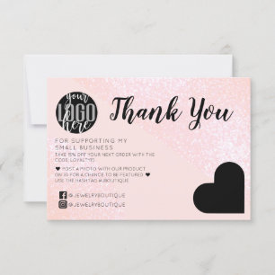 Pink Glitter Geo Heart Logo Customer Thank You Card